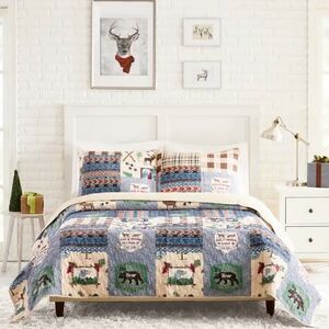 NEW! Wilderness Lodge 100% Cotton KING Quilt Set Cabin Wander Camping Moose Bear